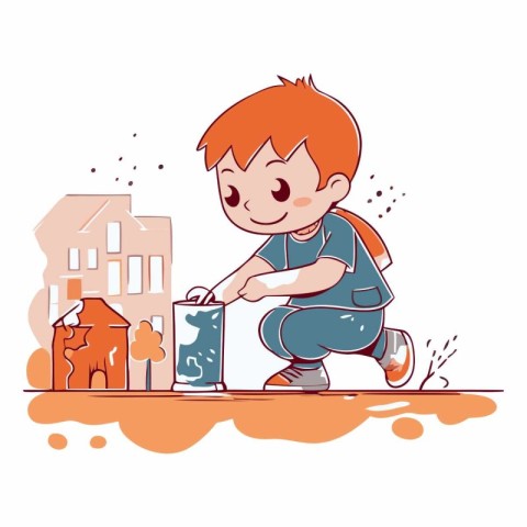 Cute boy playing with a toy house. Vector cartoon illustration.