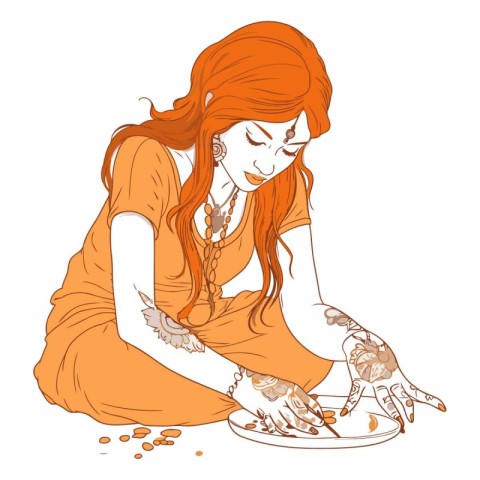 Illustration of Indian woman with henna tattoo on her hand.