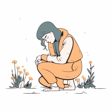 Vector illustration of a sad woman sitting on the ground in the