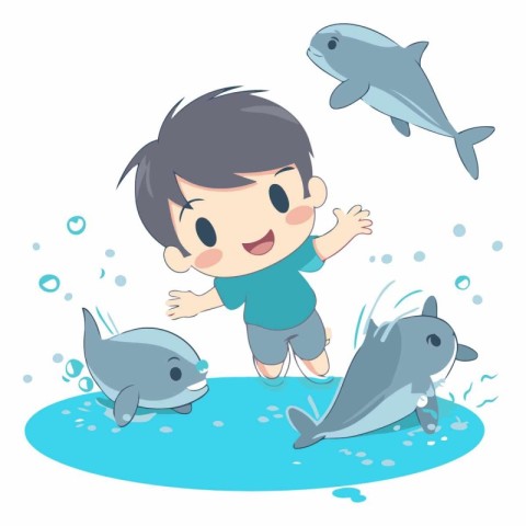 Cute little boy playing with dolphins in the water.