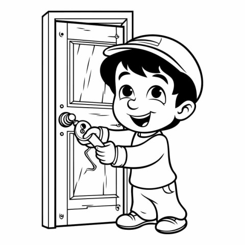 Illustration of a Little Boy Opening the Door - Black and White