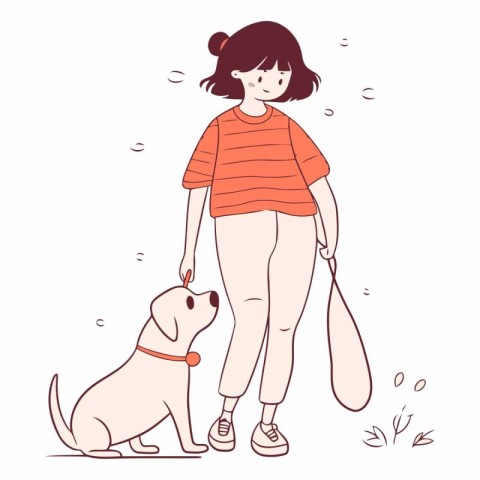 Cute girl walking with her dog in cartoon style.