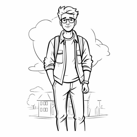 Hipster young man cartoon walking in the city.