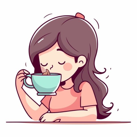 Illustration of a Girl Drinking Tea or Coffee with Her Eyes Clos