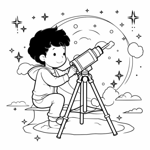 Boy with telescope and stars. Black and white vector illustratio