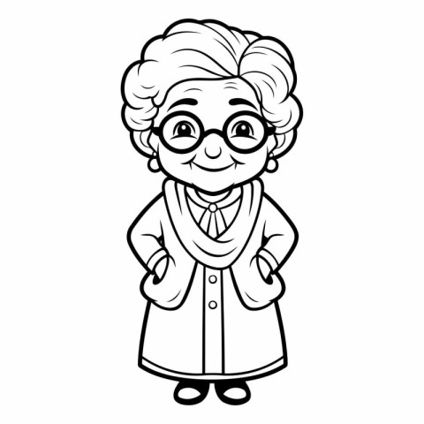 Black and White Cartoon Illustration of Grandmother Character fo