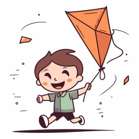 Cute boy flying kite in cartoon style.