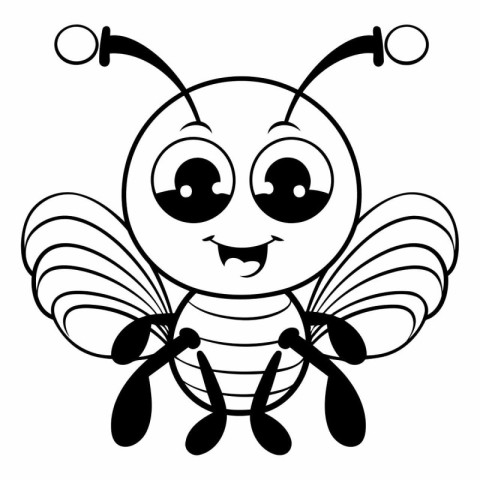 Black and White Cartoon Illustration of a Cute Bee Animal Charac