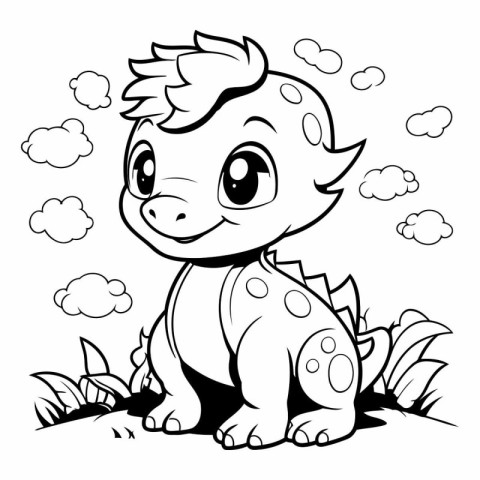 Cute baby dinosaur on the grass for coloring book.