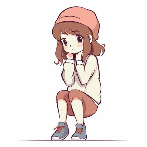 Cute little girl in casual clothes and hat.