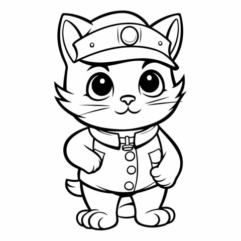 Black and White Cartoon Illustration of Cute Cat Captain Charact