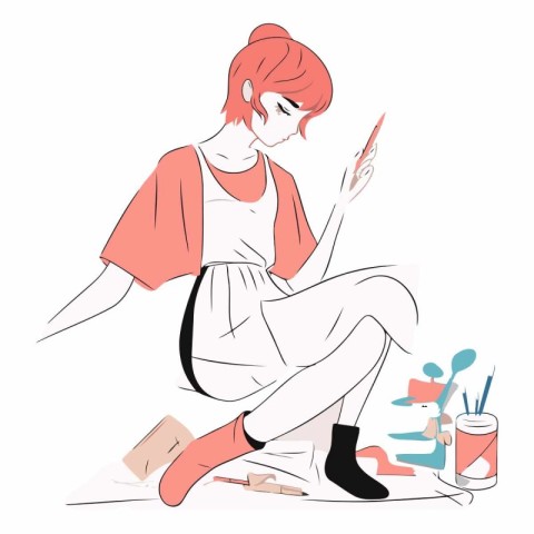 Illustration of a young woman painting her nails in the studio.