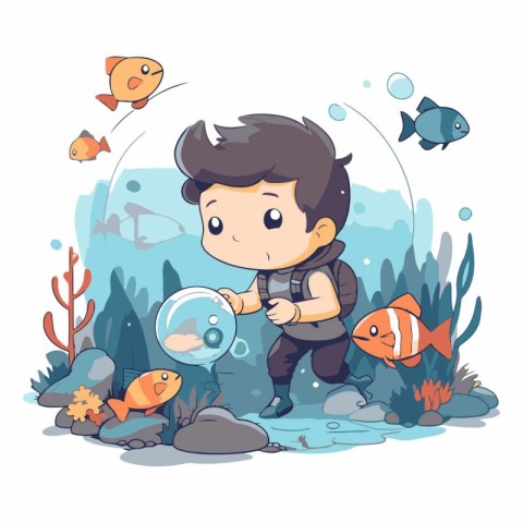 Cute little boy with a fish in the aquarium.