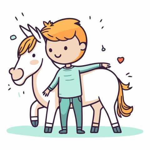 Cute little boy and white horse in cartoon style.