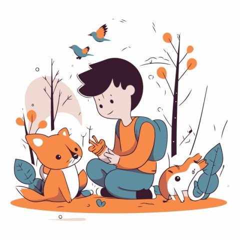 Vector illustration of boy playing with a dog in the autumn fore