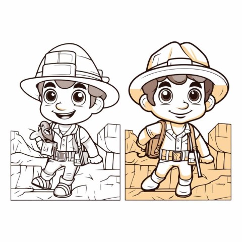 Cute cartoon explorer boy and girl in safari outfit.