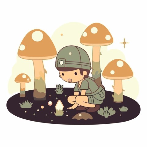 Little boy playing in mushroom garden. Cute cartoon vector illus