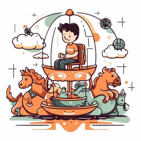 Vector illustration of a boy riding a carousel in amusement park