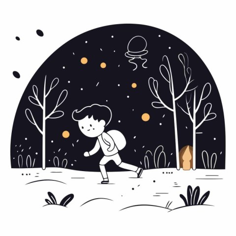 Vector illustration of a boy running in the park at night. Doodl