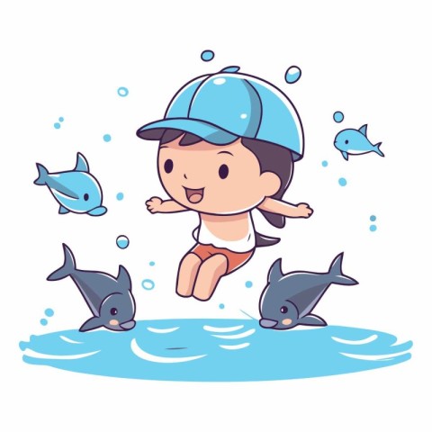 Cute little boy swimming with dolphins in the sea.