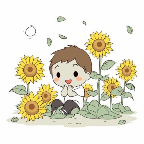 cute boy and sunflowers on the ground