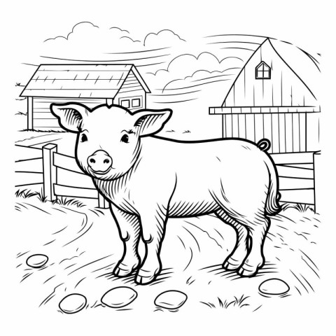 Cute cartoon pig. Farm animal. Black and white vector illustrati