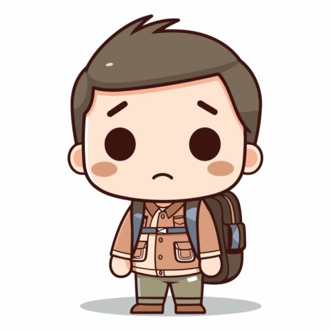 Sad backpacker character cartoon vector illustration. Cute littl