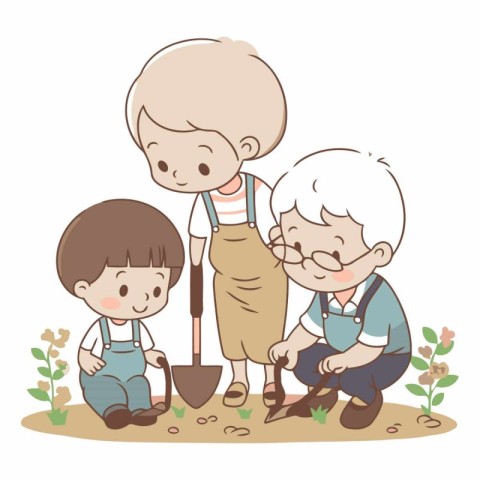 Grandmother and grandson planting a flower in the garden