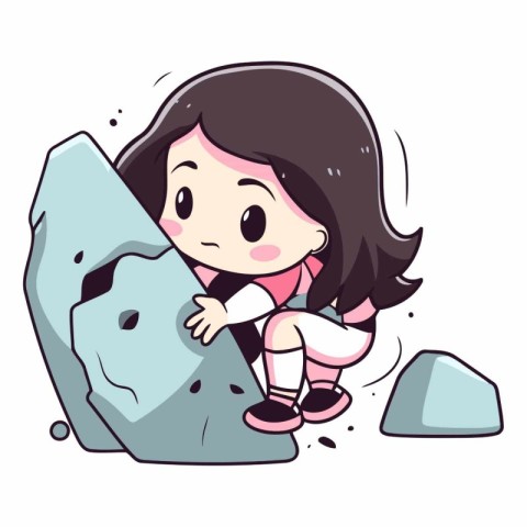 Cute little girl climbing on a rock of a cartoon character.