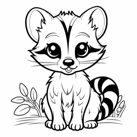 Cute Raccoon - Black and White Cartoon Illustration. Vector