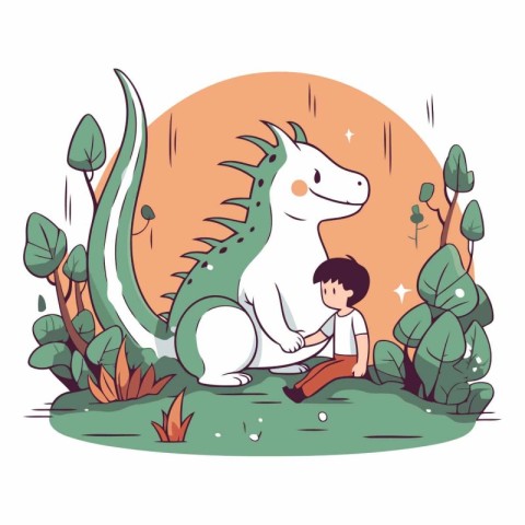 Vector illustration of a little boy sitting on a dinosaur in the