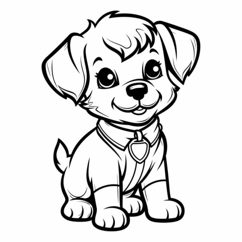 Cute puppy in a tie. Black and white vector illustration.