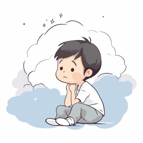 Cute boy sitting on the clouds and thinking.