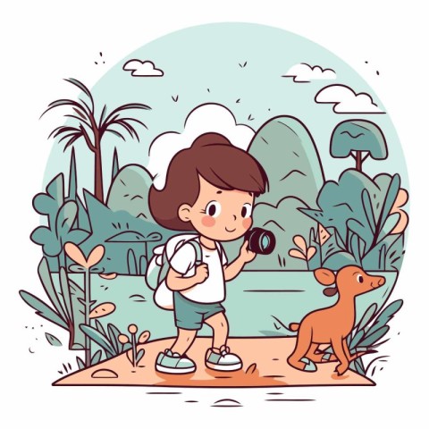 Boy and dog walking in the park in cartoon style