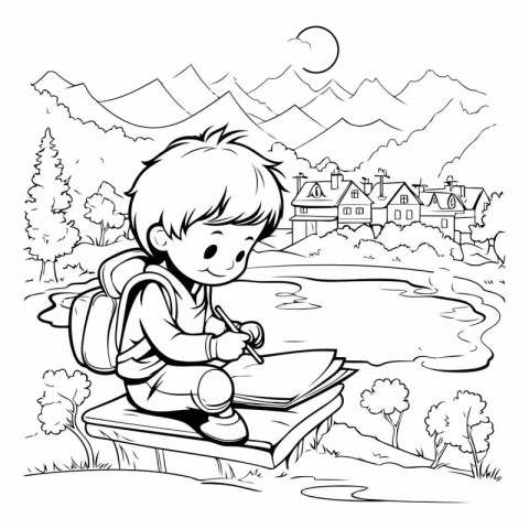 Boy reading a book by the lake for coloring book