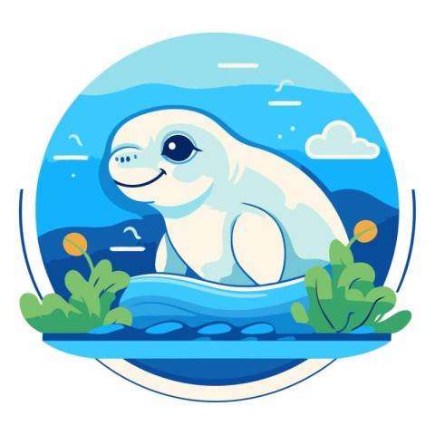 Cute cartoon baby seal in the sea in a flat style.