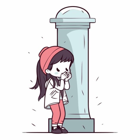 Cute little girl standing near column in cartoon style.