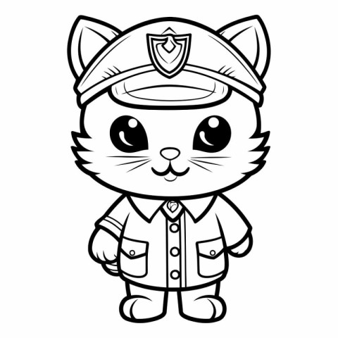 Black and White Cartoon Illustration of Cat Police Officer Chara