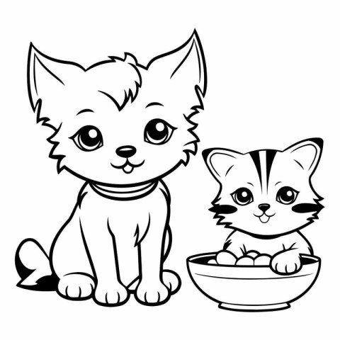 Cute cartoon cat and kitten with bowl of food. Black and white v