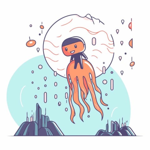 Cartoon octopus in the sea in a flat style.