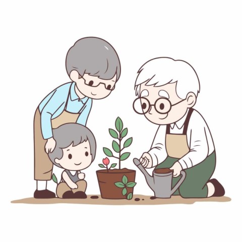 Grandmother and grandson planting a tree in the garden vector il