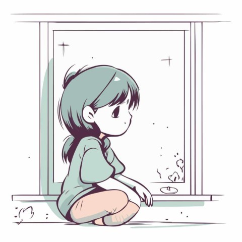 Illustration of a little girl sitting in front of the window.