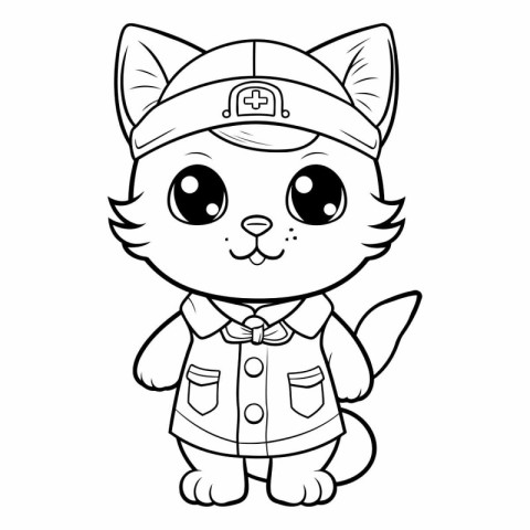 Black and White Cartoon Illustration of Cute Cat Sailor Characte