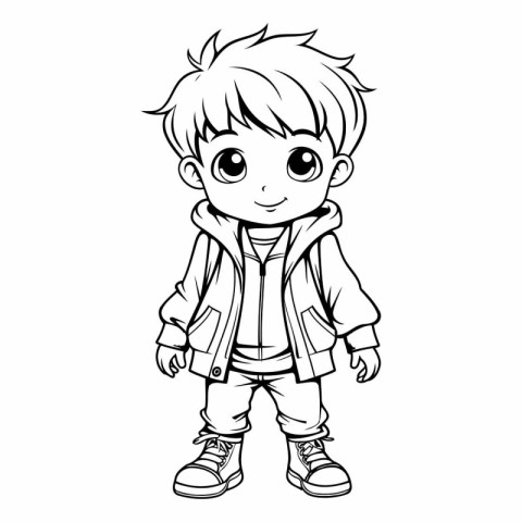 Cute little boy in raincoat for coloring book