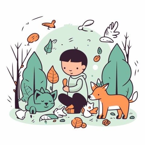 Little boy playing with animals in the park. Cute cartoon vector