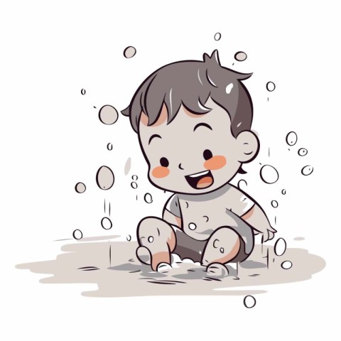 Cute baby boy playing in the rain on white background.