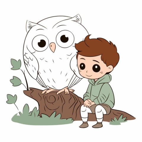 Cute boy sitting on a tree with an owl.