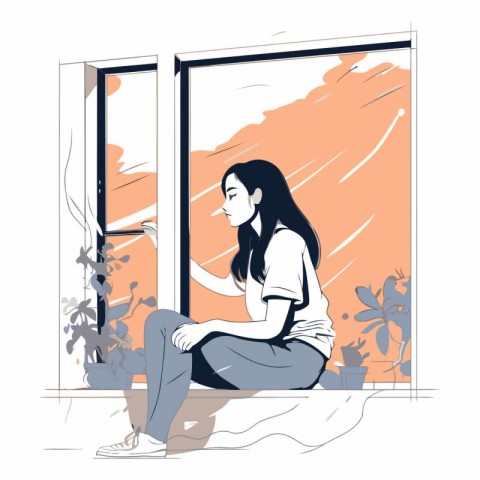 Sad young woman sitting near the window of a sad girl