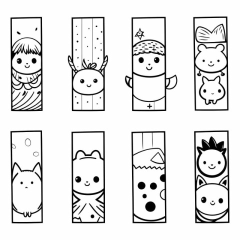 Cute kawaii monsters. Black and white vector illustration.