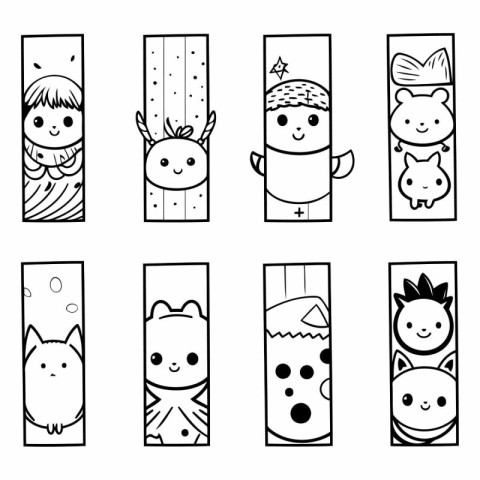 Cute kawaii monsters. Black and white vector illustration.